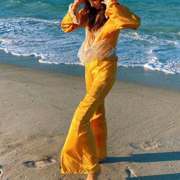 Vintage Mustard Gold High Waist Flare Pants Set